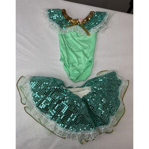Vtg Dance Costume Sparkles Green Gold Ruffles Lace Tutu 1990s Girls Size 3-4